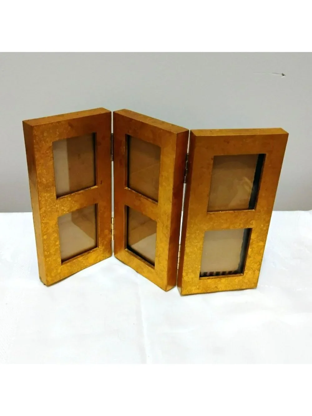 Vintage Gold Tri Fold Picture Frame 6 Window Wallet Size Collage Gilt Wood